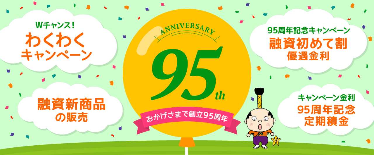 おかげさまで創立95周年 わくわくキャンペーン 融資新商品の販売 95周年記念キャンペーン・融資初めて割優遇金利